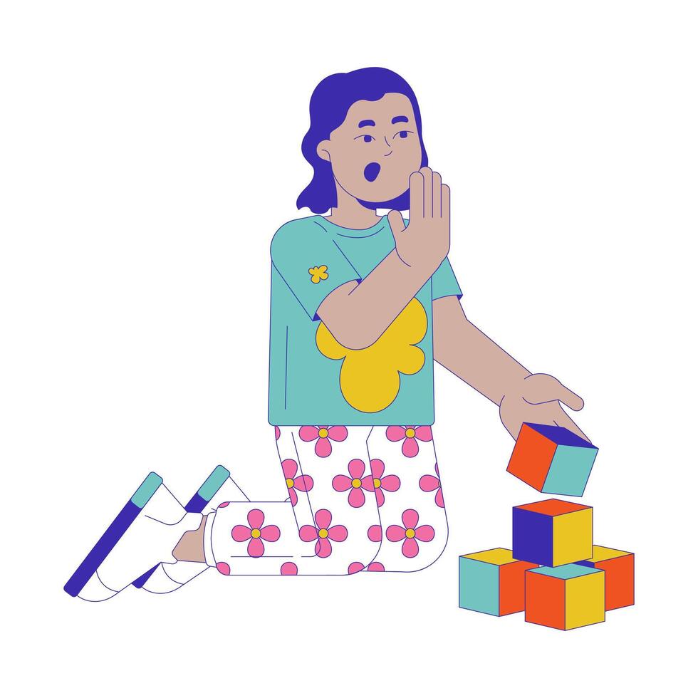 Emotional little boy playing with blocks 2D cartoon character. Surprised latin american toddler child isolated flat person white background. Nursery care service color spot illustration vector