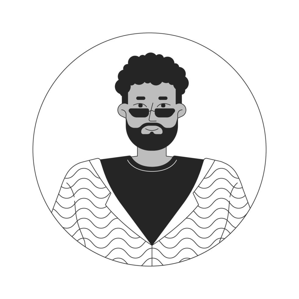 Stylish black man with beard and sunglasses black and white 2D avatar illustration. African american guy outline cartoon character face isolated. Casual flat user profile image portrait vector