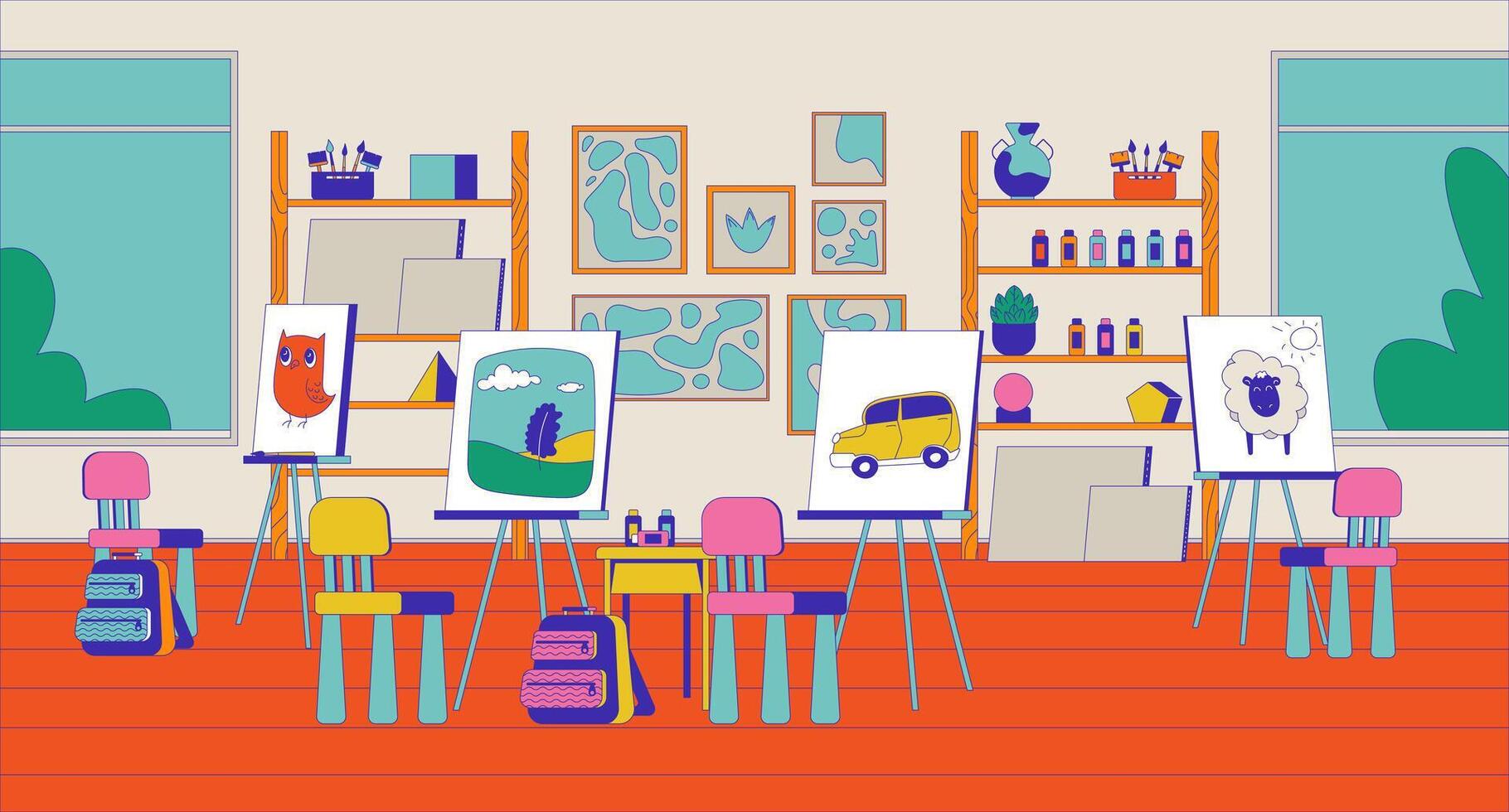 caballetes Arte estudio dibujos animados plano ilustración. lona pintura clase 2d interior vistoso antecedentes. preescolar aula. dibujo lección mueble. colegio habitación taller salón de clases escena imagen vector
