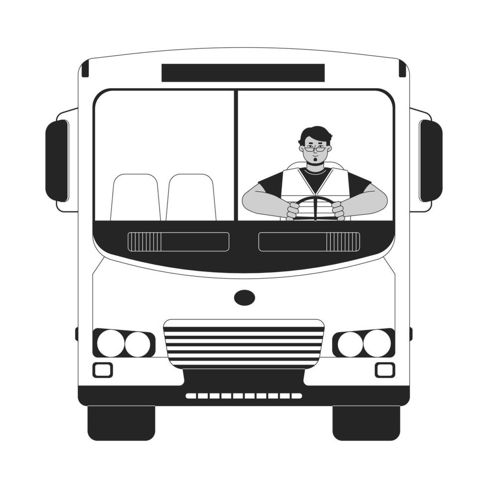 School bus driver arab man black and white 2D line cartoon character. Middle eastern male schoolbus driver isolated outline person. Professional occupation monochromatic spot illustration vector