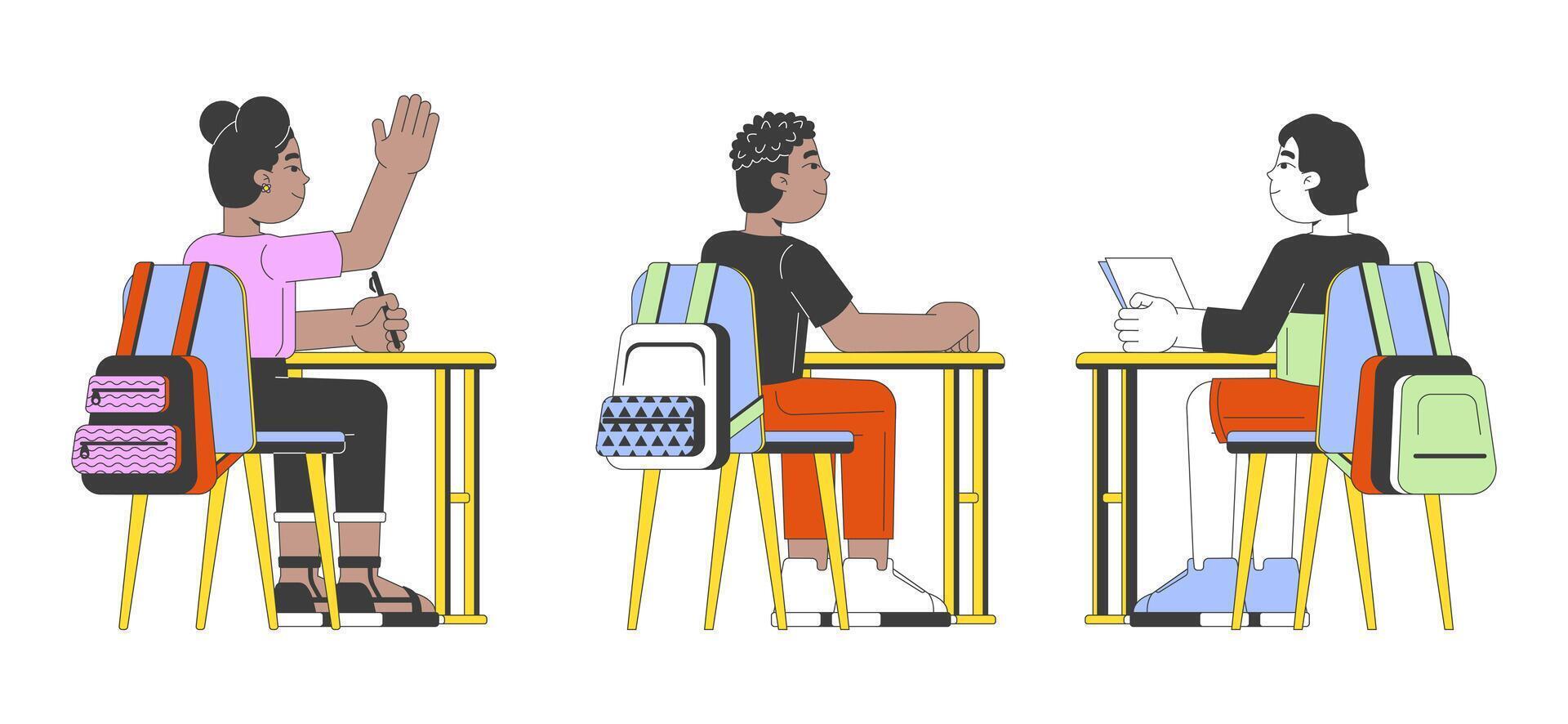 Diverse schoolkids sitting at desks 2D linear cartoon characters set. Tables pupils isolated line people white background. Schoolchildren school kids color flat spot illustrations collection vector