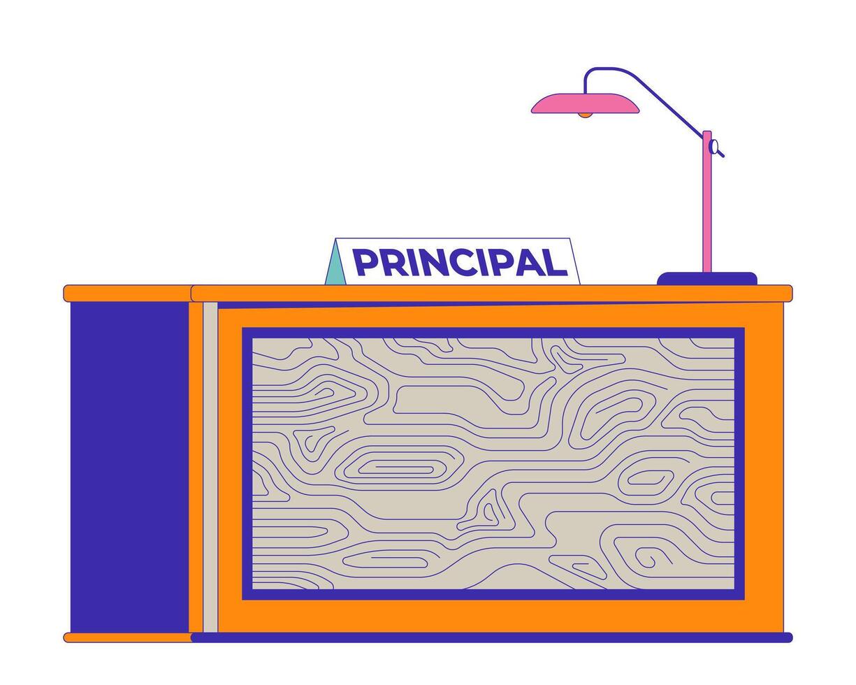 School principal desk 2D cartoon object. Workplace of education facility manager isolated flat element white background. Office table with lamp and nameplate color spot illustration vector