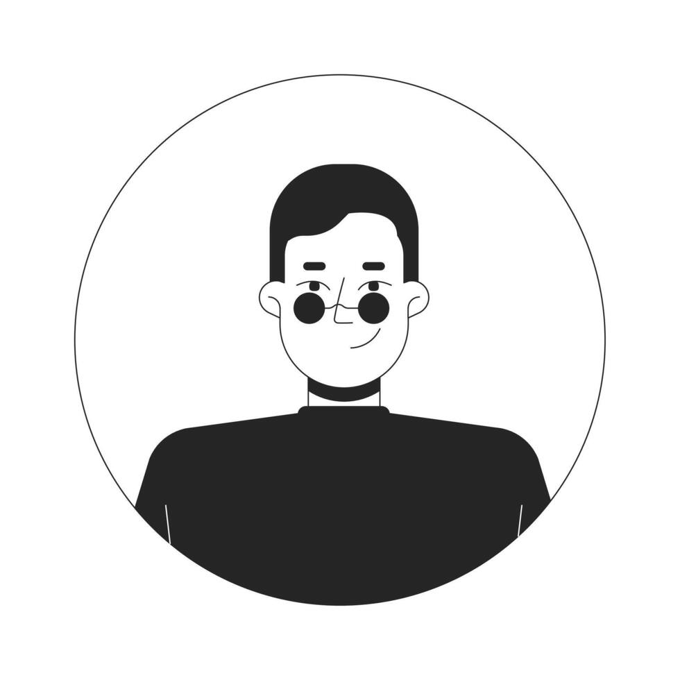 Caucasian man in round glasses and turtleneck black and white 2D avatar illustration. European male retro outline cartoon character face isolated. 80s casual flat user profile image portrait vector