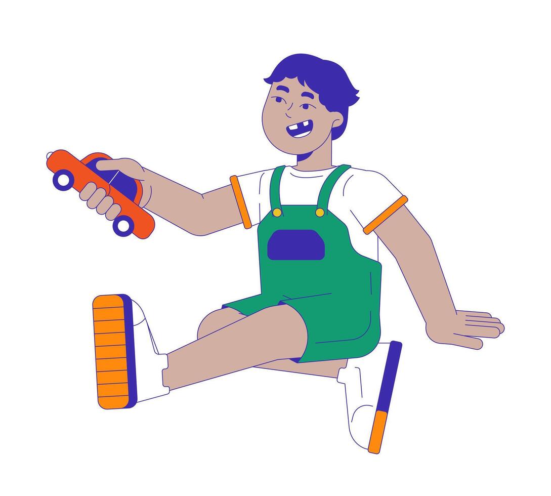 Positive little latin american boy with toy car 2D cartoon character. Smiling toddler kid having fun on floor isolated flat person white background. Kindergarten color spot illustration vector