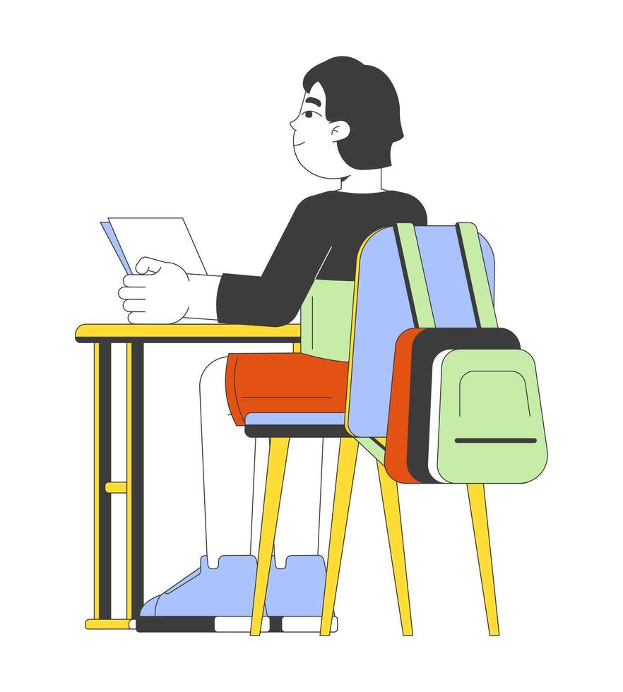 Attentive asian schoolboy sitting at desk 2D cartoon character. Japanese schoolkid holding notes isolated flat person white background. Table pupil boy with homework color spot illustration vector