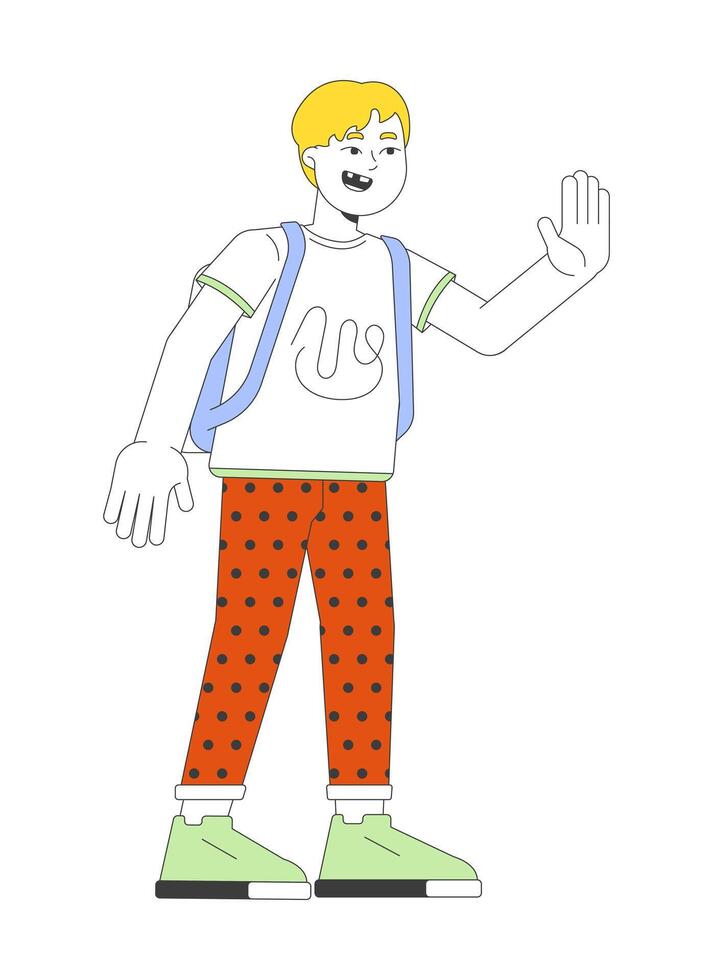 Caucasian schoolboy goodbye waving 2D cartoon character. Hello gesturing blond boy with backpack isolated flat person white background. Back to elementary school color spot illustration vector