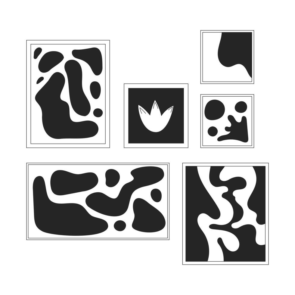 Unique abstract artwork frames collection black and white 2D line object. Art gallery. Creative decoration. Abstraction paintings isolated clip art outline item. Monochromatic spot illustration vector