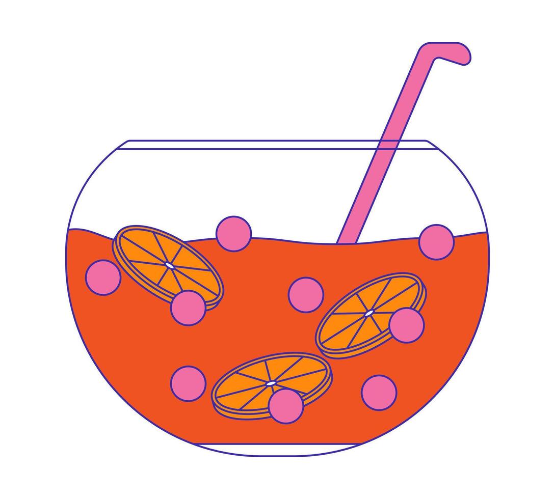 Glass punch bowl with ladle 2D cartoon object. Citrus juice drink glassware. Party aperitif beverage. Fruit punchbowl isolated element flat clipart on white background. Spot illustration vector