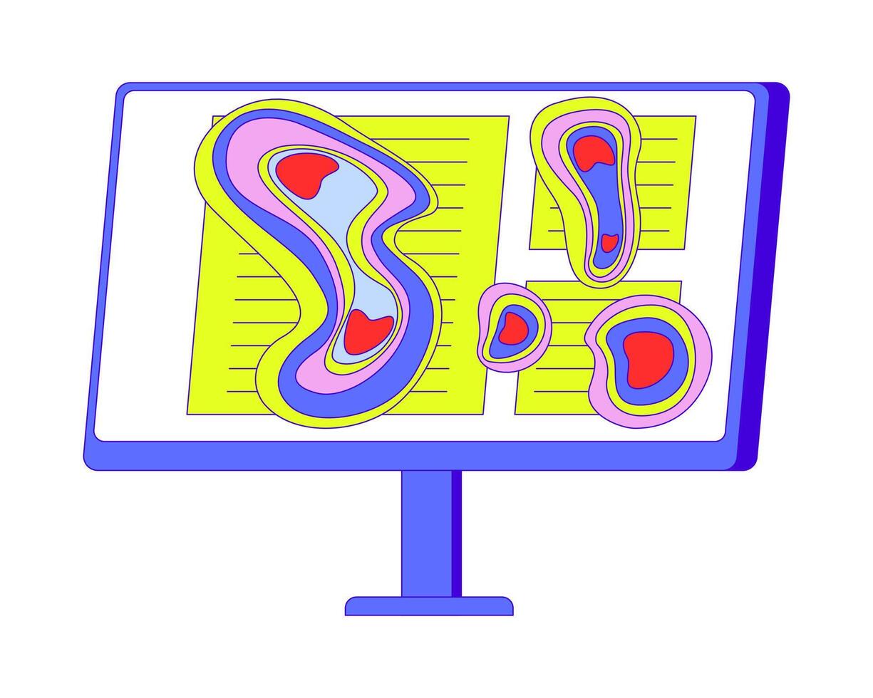 Computer screen heatmap 2D cartoon object. Eye tracking heat map monitor desktop isolated flat element white background. Visual attention. Neuromarketing technique color spot illustration vector