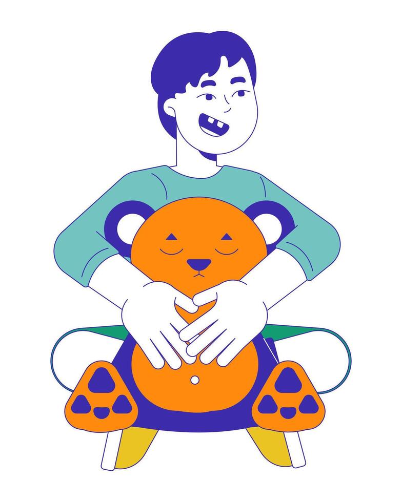 Joyful asian boy holding teddy bear 2D cartoon character. Happy toddler child with stuffed toy isolated flat person white background. Little kid playing on floor color spot illustration vector