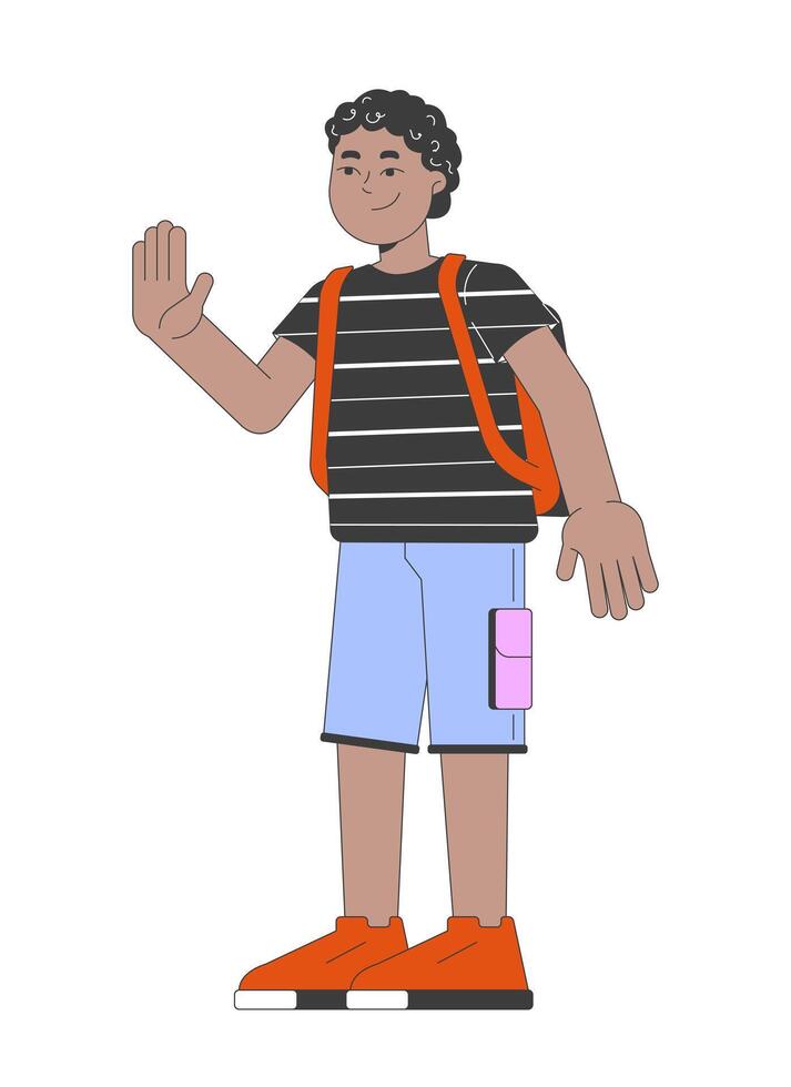 African american schoolboy greeting waving 2D cartoon character. Schoolkid black boy with backpack isolated flat person white background. Back to elementary school color spot illustration vector