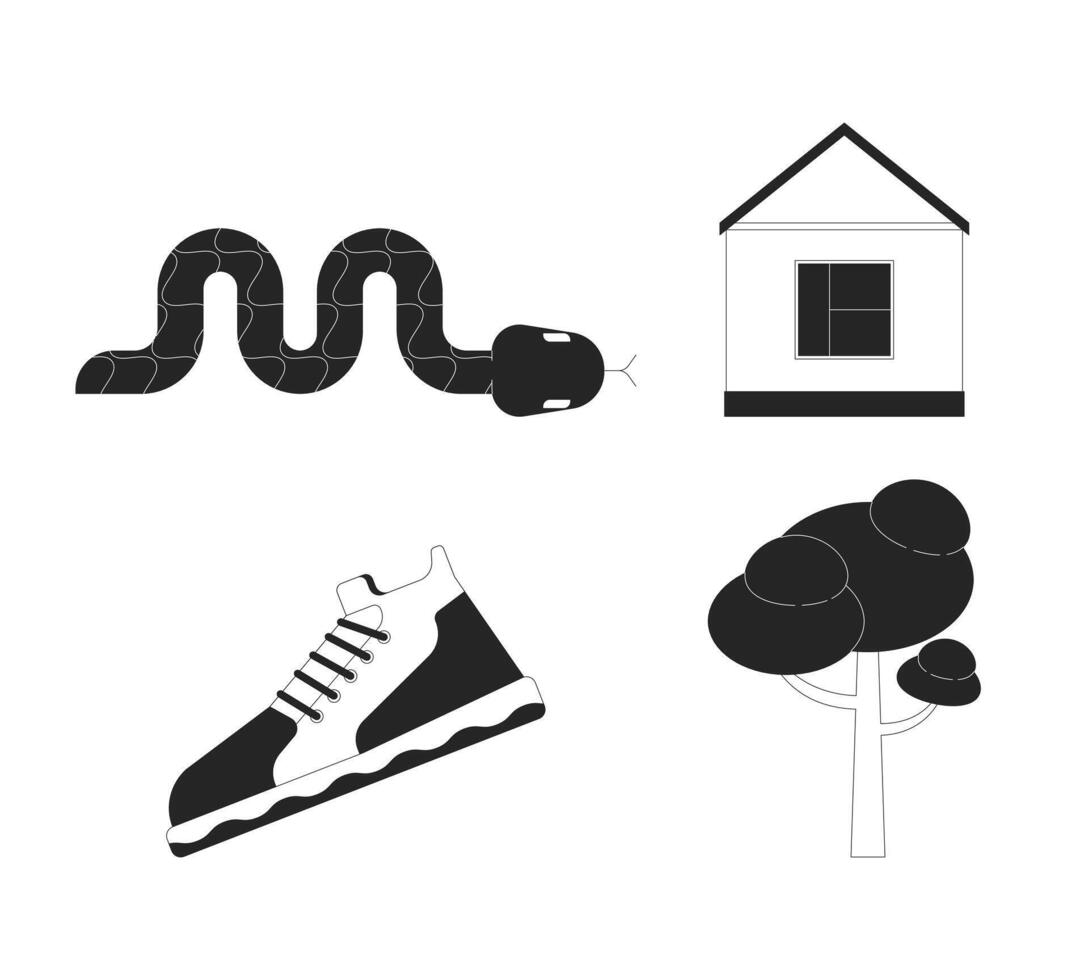 Wildlife precautions black and white 2D line objects set. Venomous snake, sneaker, tree, house isolated outline items collection. Home, reptile, footwear monochromatic flat spot illustrations vector