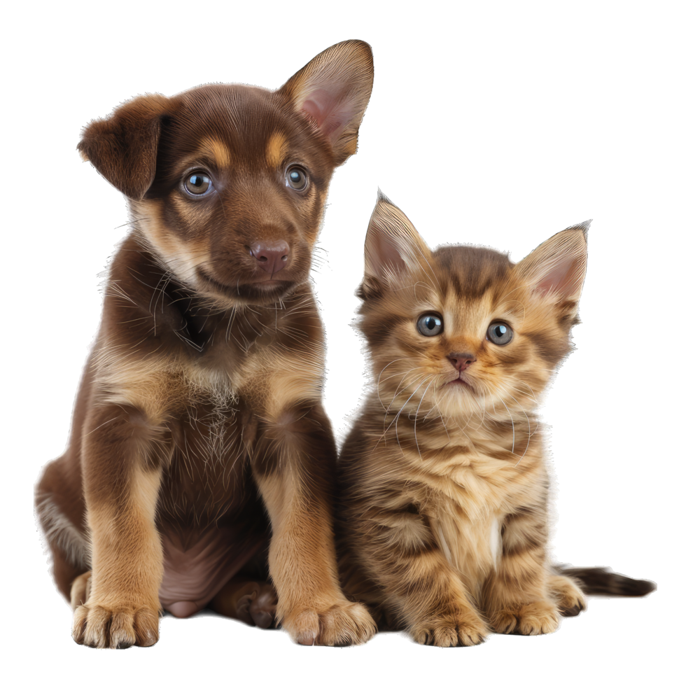 A brown and white puppy and kitten are sitting together png