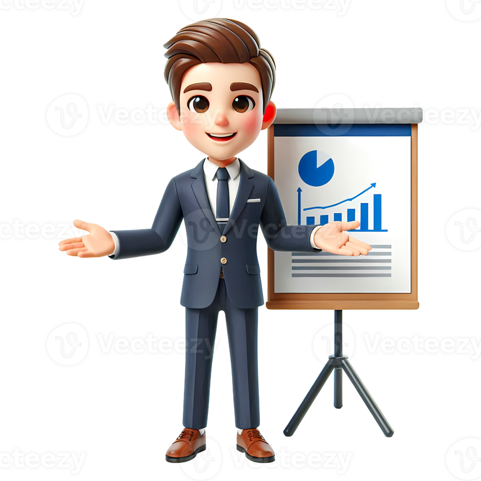 Cartoon businessman doing a presentation with present board png
