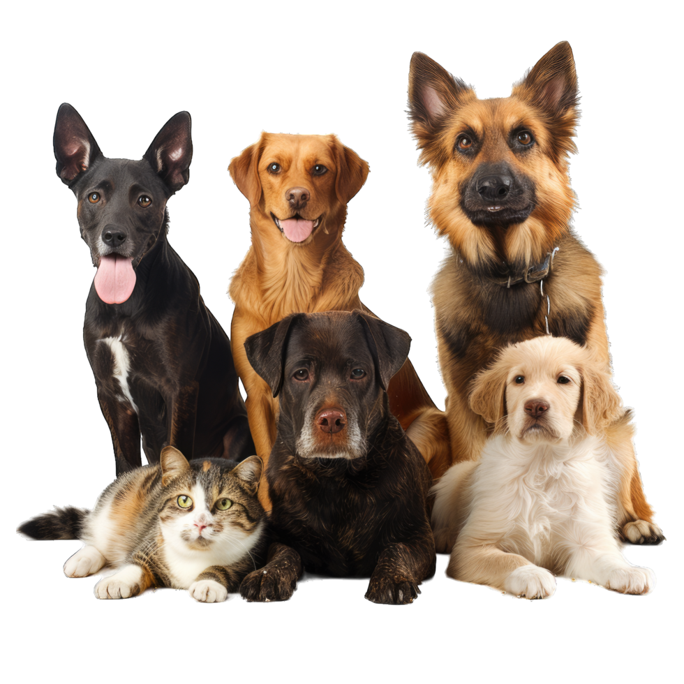 A group of dogs and cats sitting together png