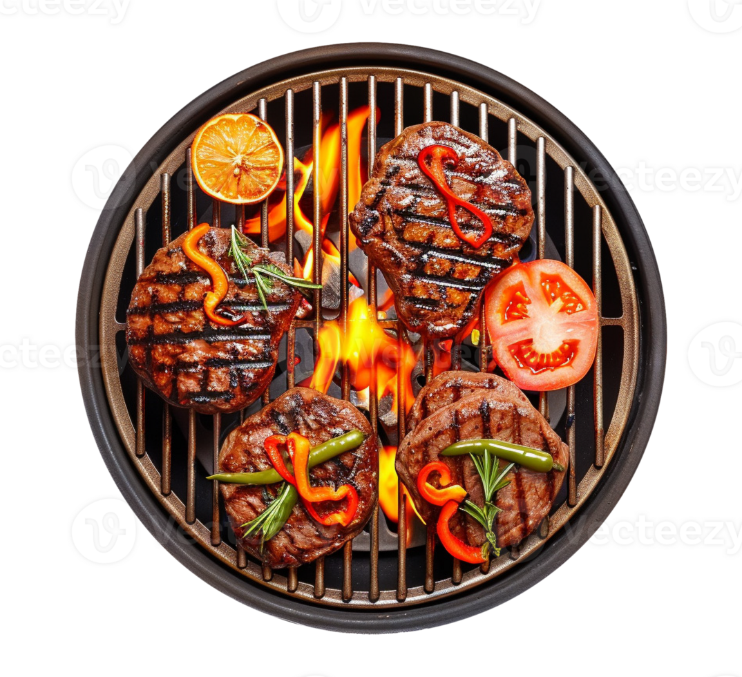 grilled beef steak on the grill with vegetables and peppers png