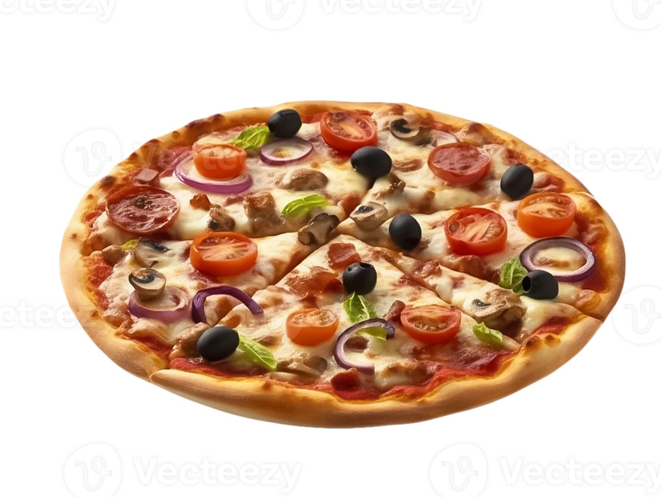 pizza with olives, mushrooms and tomatoes on a transparent background png