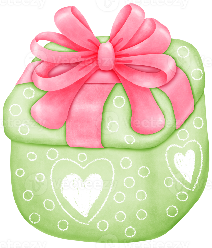 Hand-Drawn Green gift box with white heart shape - Perfect for Holiday Packaging png