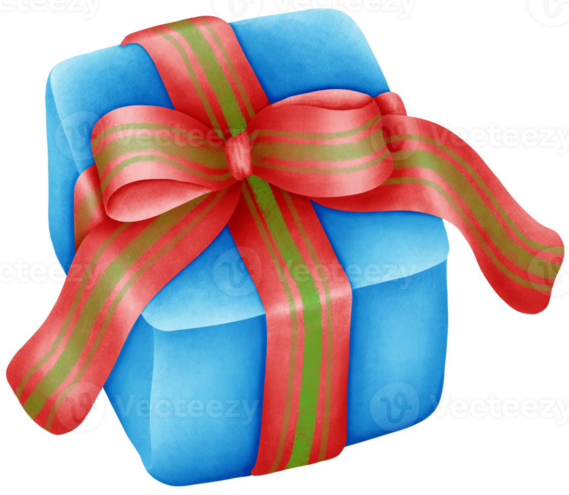 Hand-Drawn blue gift box tied with a red bow and green pattern - Perfect for Holiday Packaging png