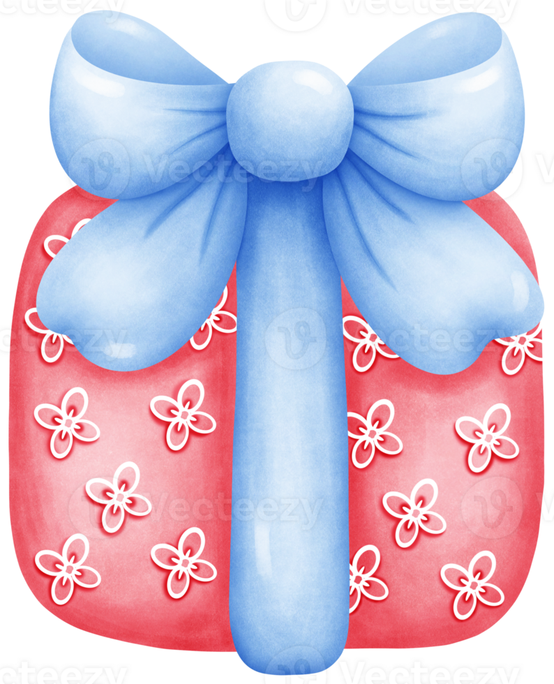 Hand-Drawn Pink gift box with flower pattern tied with blue bow - Perfect for Holiday Packaging png