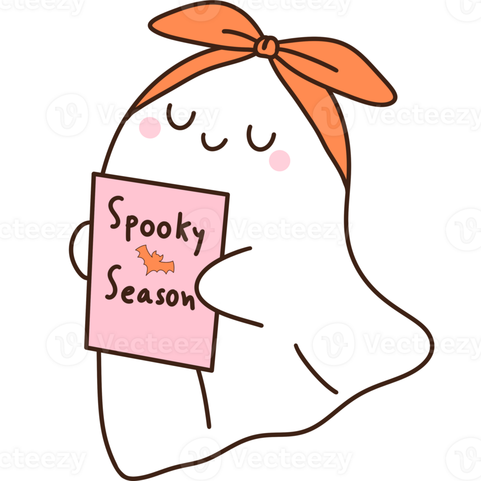 Spooky ghost reading book clipart, Groovy retro halloween bookish illustration. png