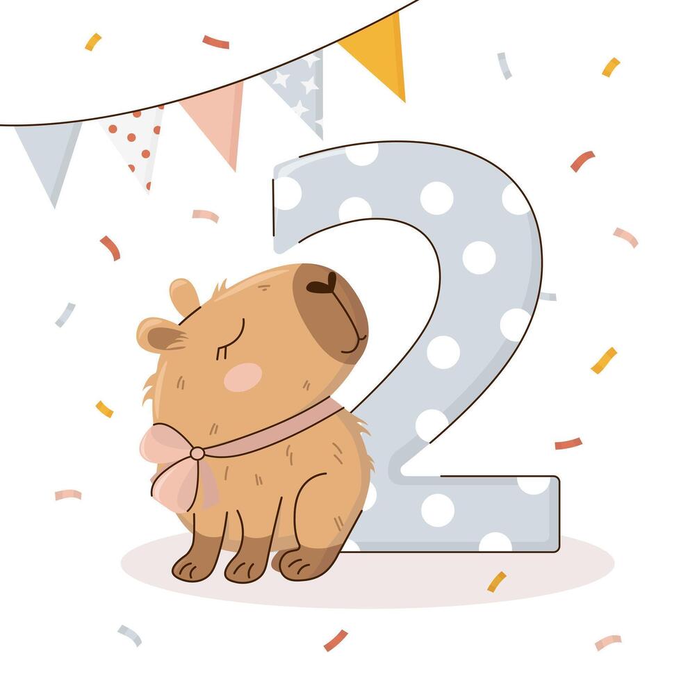 Second birthday party invitation with a cute capybara in hand-drawn style. Amusing capibara character. templates for party, event. vector