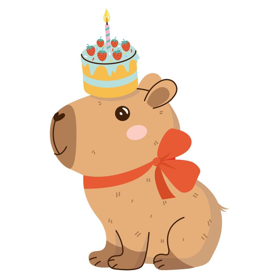 A cute and cuddly capybara character with birthday cake. Happy Birthday concept. Funny hand-drawn festive sticker. illustration isolated on transparent background. vector