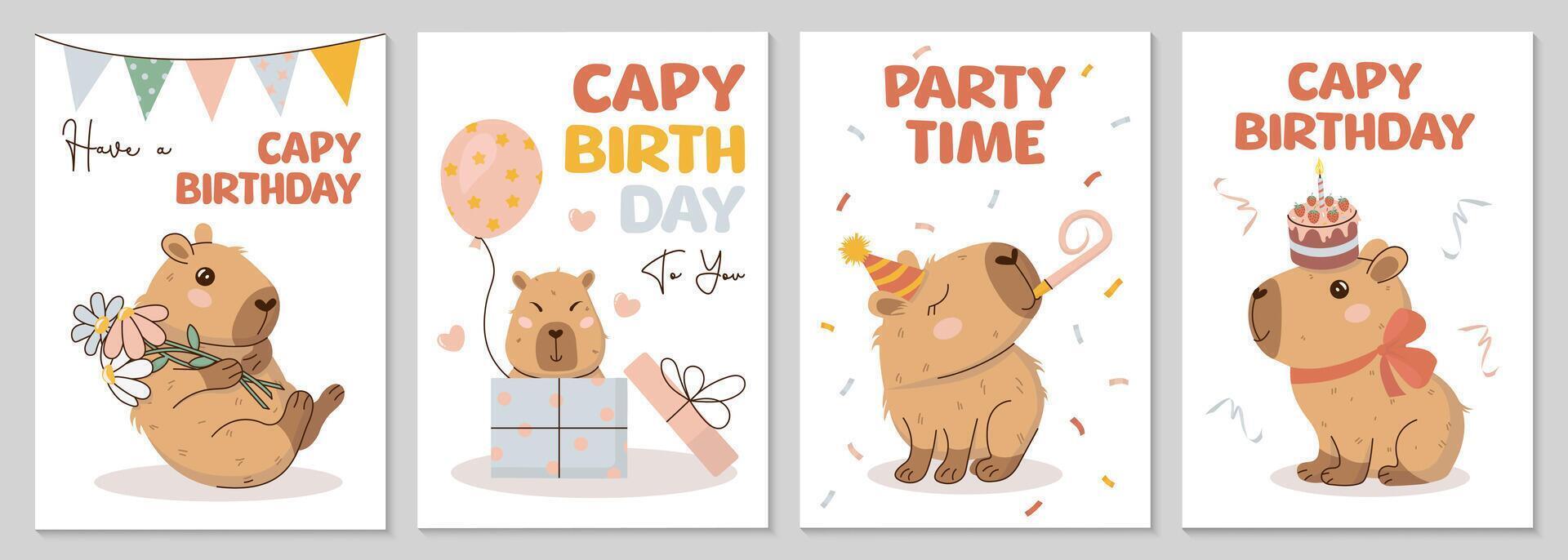 Happy Birthday greeting cards or invitations in hand-drawn style with cute capybara, balloon, cake, flowers, garland. Capy birthday text. Amusing capibara character. templates for party, event. vector