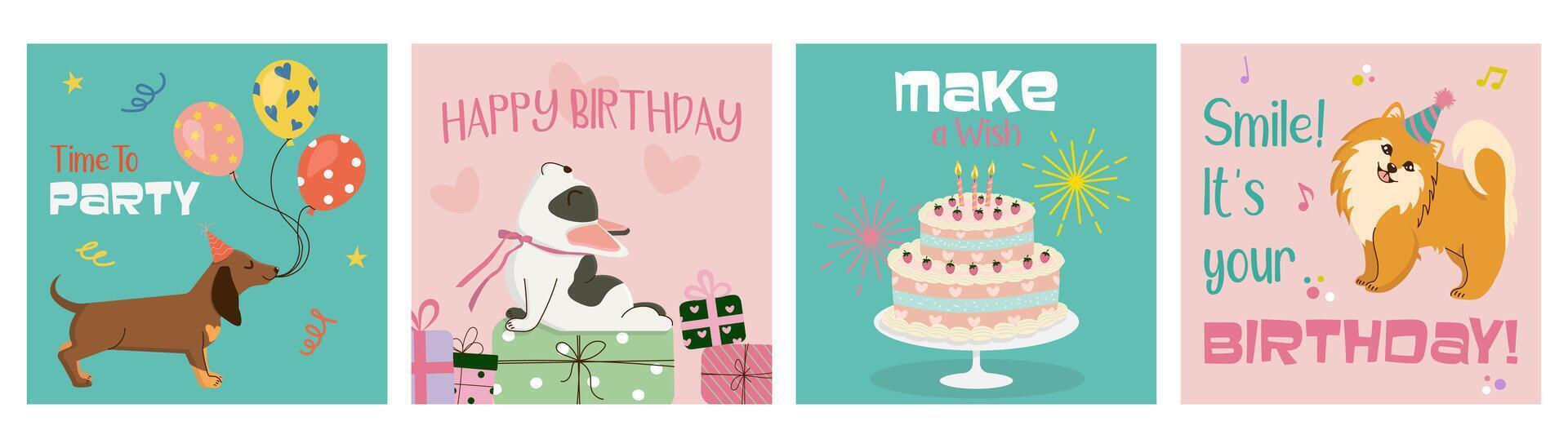 Festive Happy Birthday cards in retro cartoon style. Cute cheerful hand-drawn dogs in hats with cake, presents and balloons. Bright templates for invitations, greeting cards, posters. vector