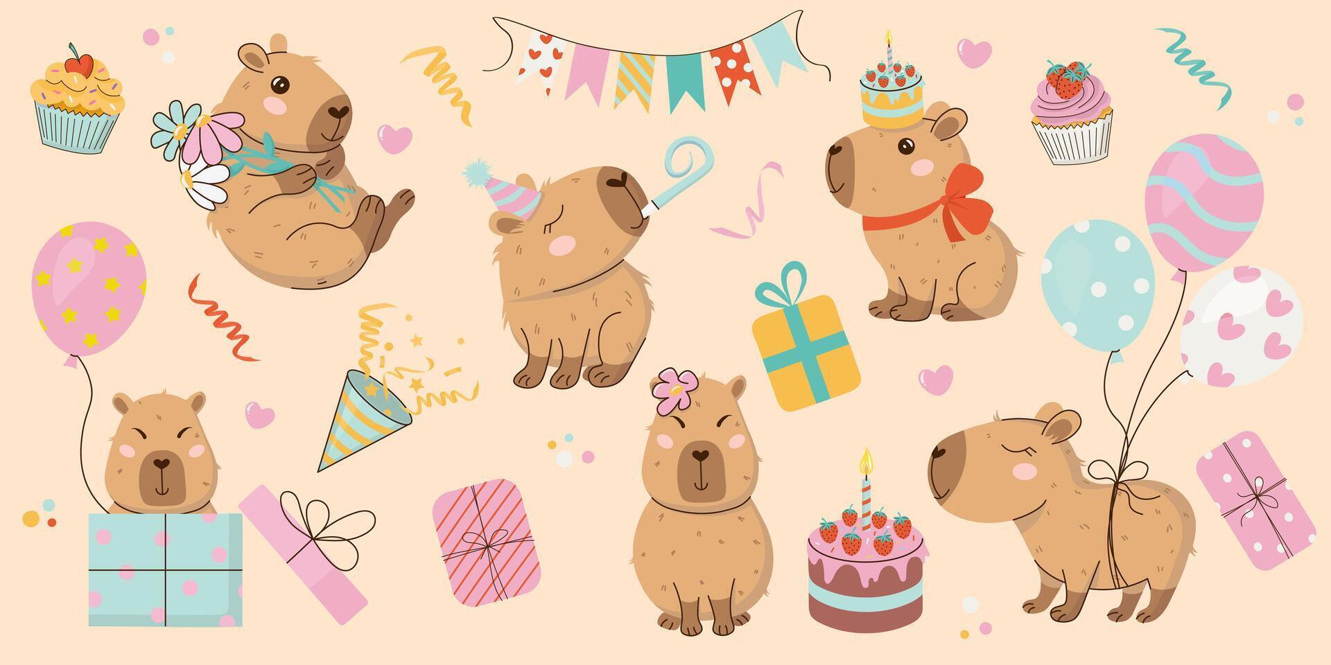 Festive set in funky hand-drawn style of clipart featuring cute capybaras with balloons, cake and gifts at birthday party. Great for cards, invitations, holiday designs.Happy Birthday concept. vector