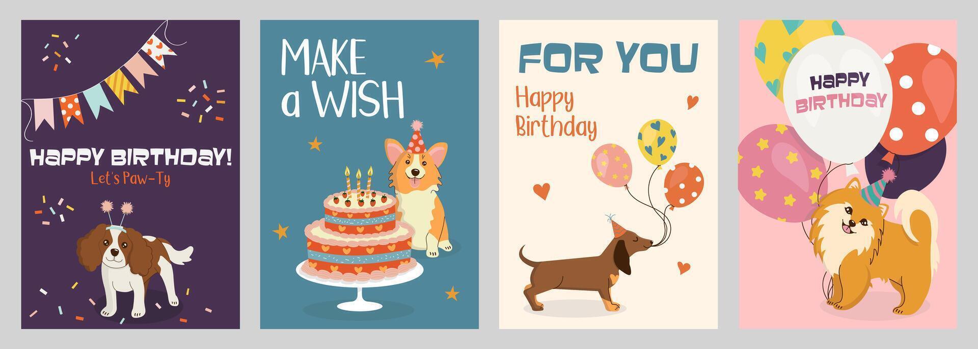 Festive Happy Birthday greeting cards or invitations in cartoon style. Cute hand-drawn dogs in hats with cake and balloons. Bright templates for party, event. vector