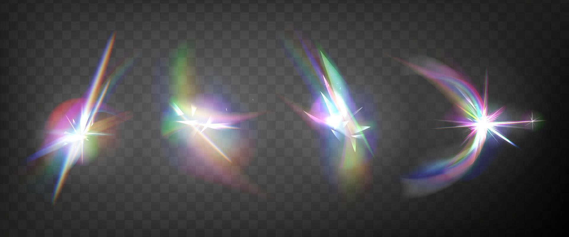 Abstract radiant prism bursts. realistic set of dynamic rainbow light effects for digital. Ideal for web design, presentations, advertising and posters. vector