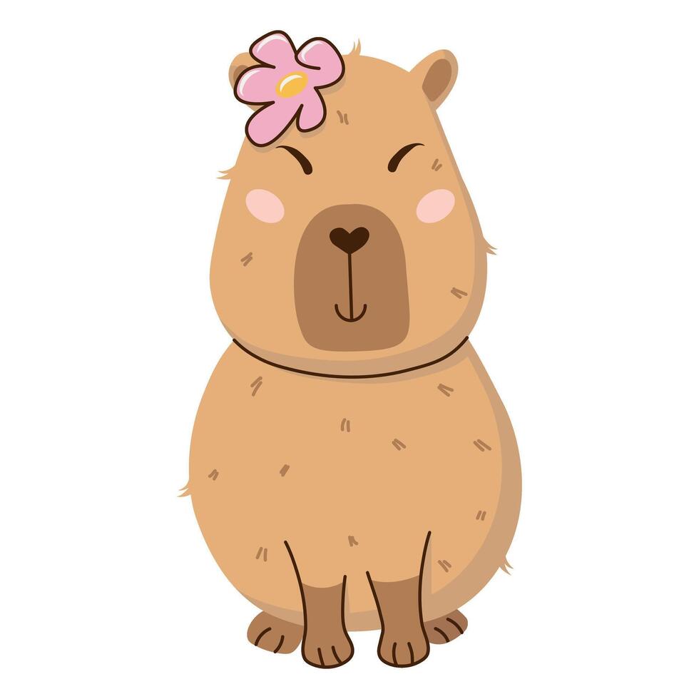 A cute and cuddly capybara character with flower. Happy Birthday concept. Funny hand-drawn festive sticker. illustration isolated on transparent background. vector