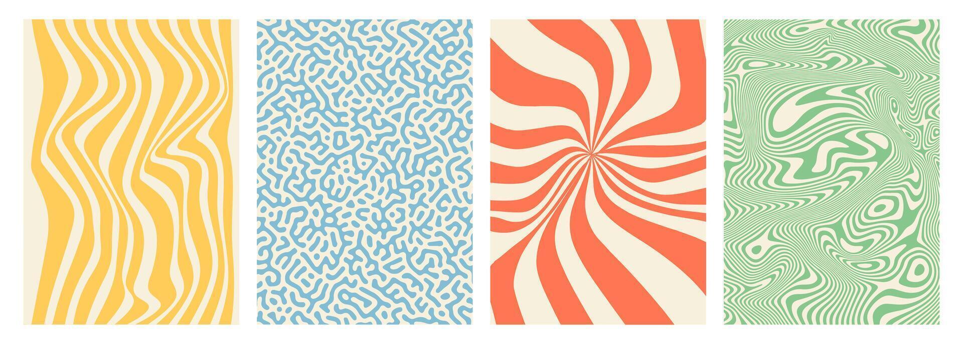 Abstract groovy hippie 70s backgrounds with swirl, twirl, waves, rays and lines. Distorted trendy textures in retro psychedelic style for textile, posters, social media. Y2K aesthetics. vector