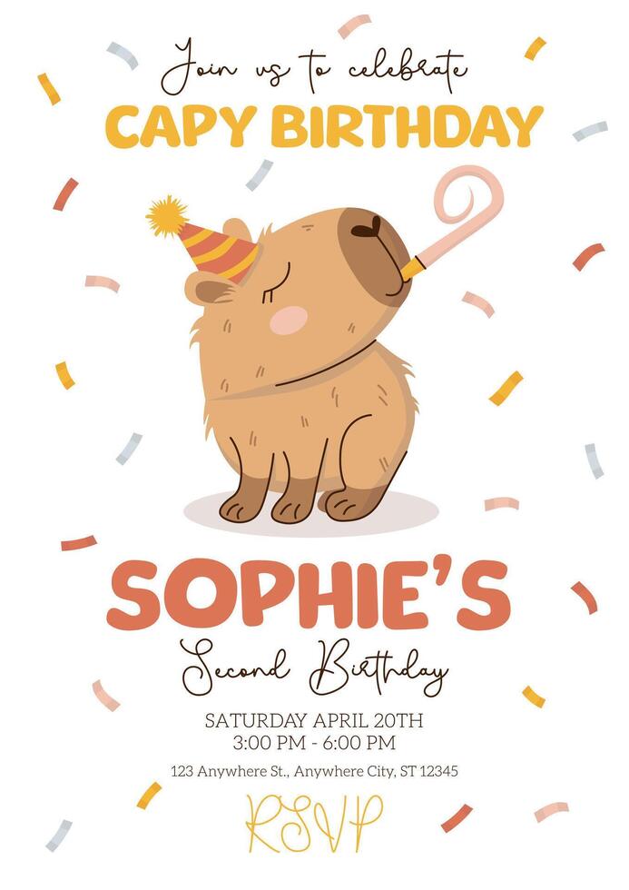 Capy Birthday invitation template in hand-drawn style with cute capybara in hat, confetti and pipe. Happy birthday concept. Amusing capibara character. illustration for party, event. vector