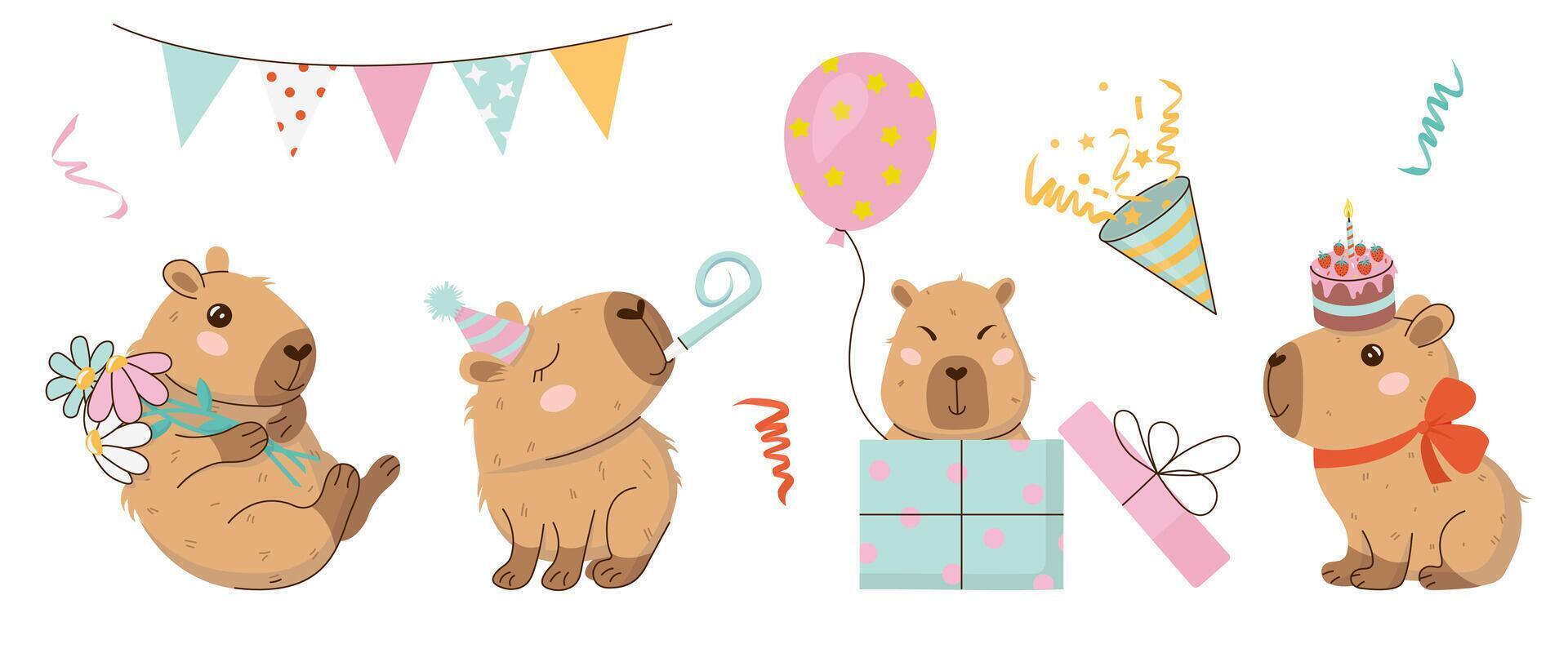 Festive set in flat style of clipart featuring cute capybaras with balloon, cake, gift and confetti at birthday party. Great for print, card, invitation, holiday design. Happy Birthday concept. vector