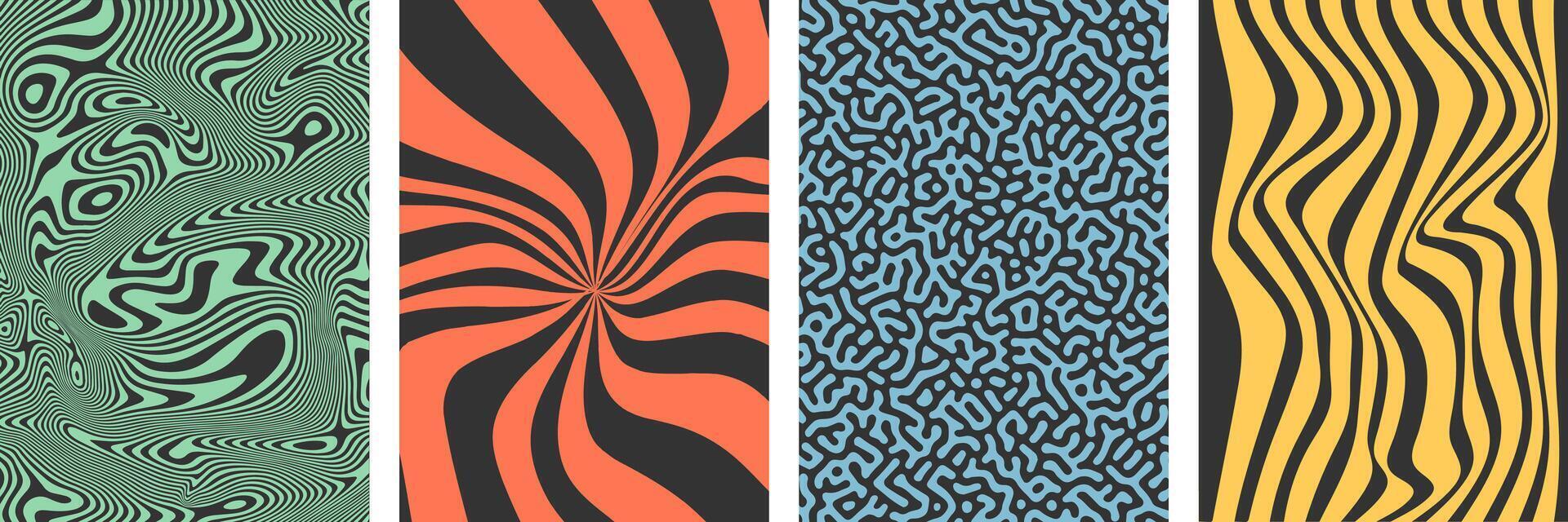 Abstract retro psychedelic groovy backgrounds with waves, swirl, twirl and lines. Y2K aesthetics. Twisted and distorted trendy textures for wrapping, textile, posters, social media. vector