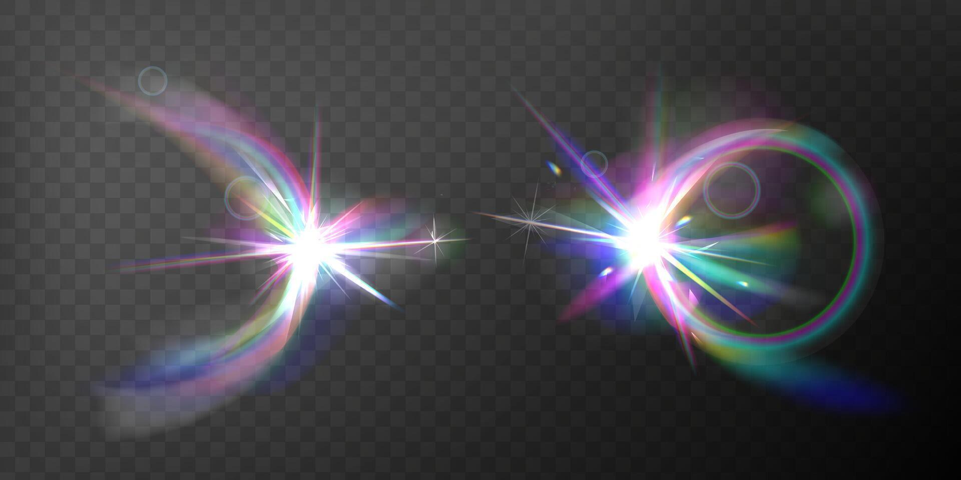 Abstract luminescent prism flares. realistic set of vivid rainbow light bursts for web design, digital art, presentations, advertising, and posters. vector
