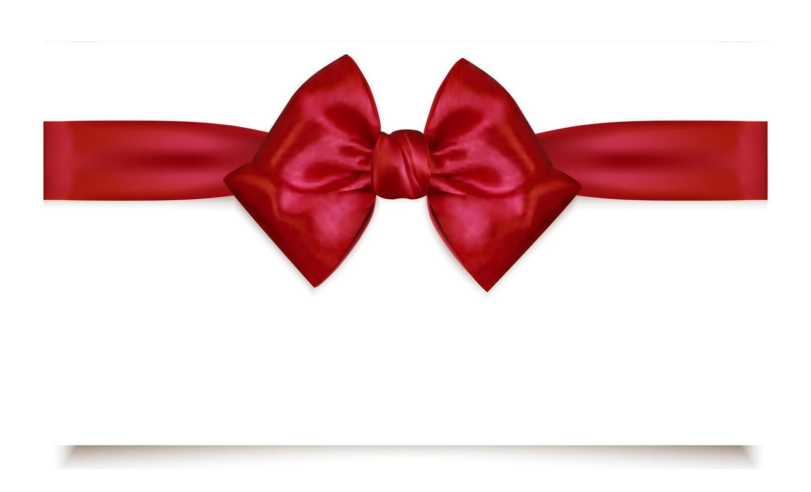 Blank Gift card with elegant satin red bow and ribbon isolated on white background. Realistic template for greeting card, gift card, voucher. vector