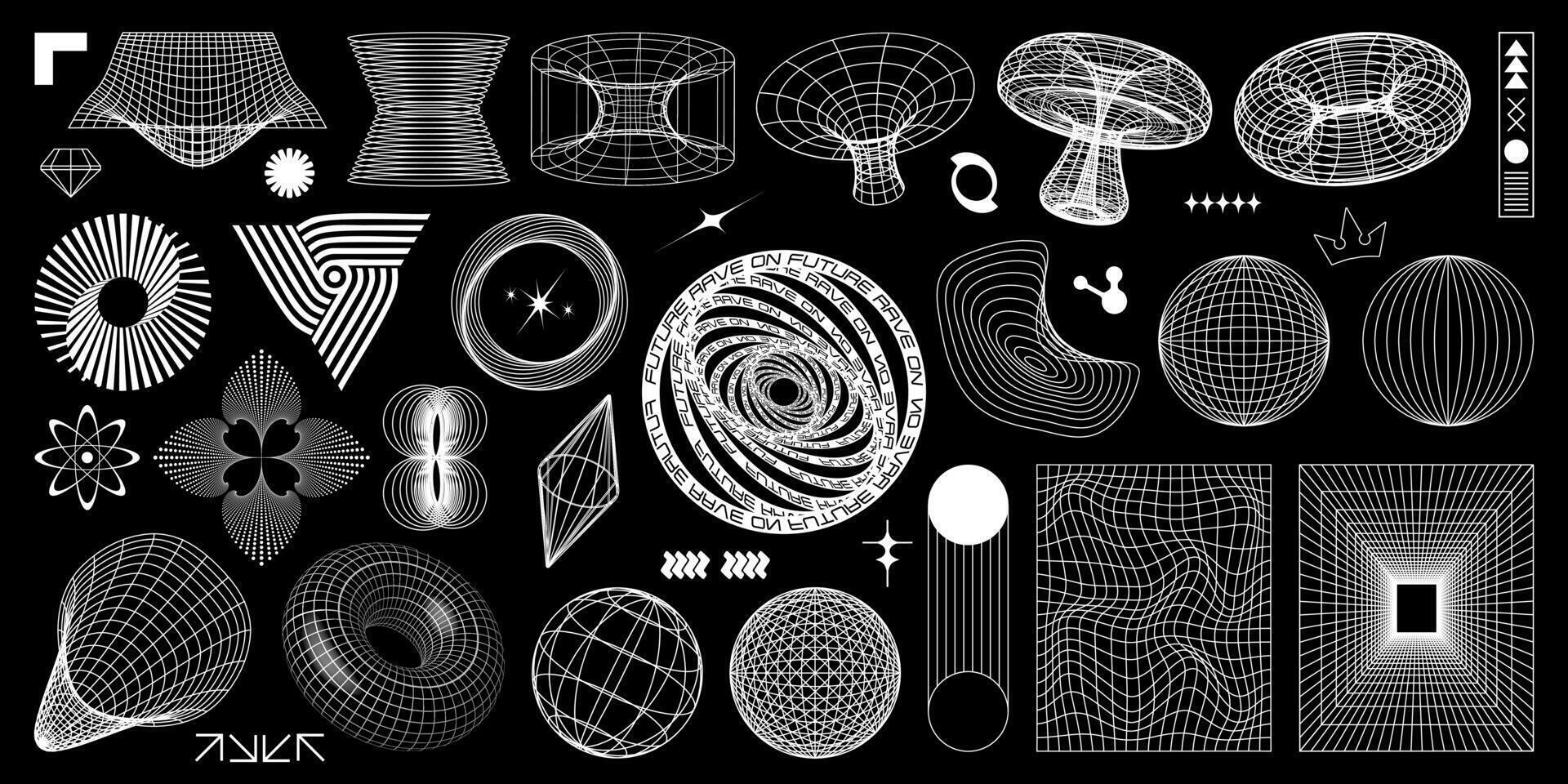 Abstract y2k geometric shapes and 3d wireframe models isolated on black background. Set of retro futuristic elements from 80s, 90s, 00s. illustration in psychedelic techno style. vector