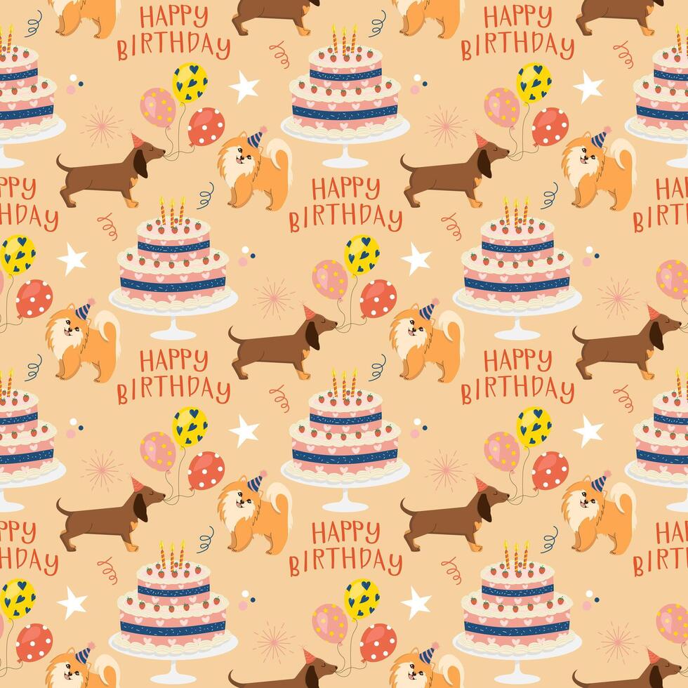 Happy Birthday festive seamless pattern in retro 90s style with cute hand-drawn dogs in hats with cake, presents and balloons. Bright template for cover, package, invitation, greeting cards. vector