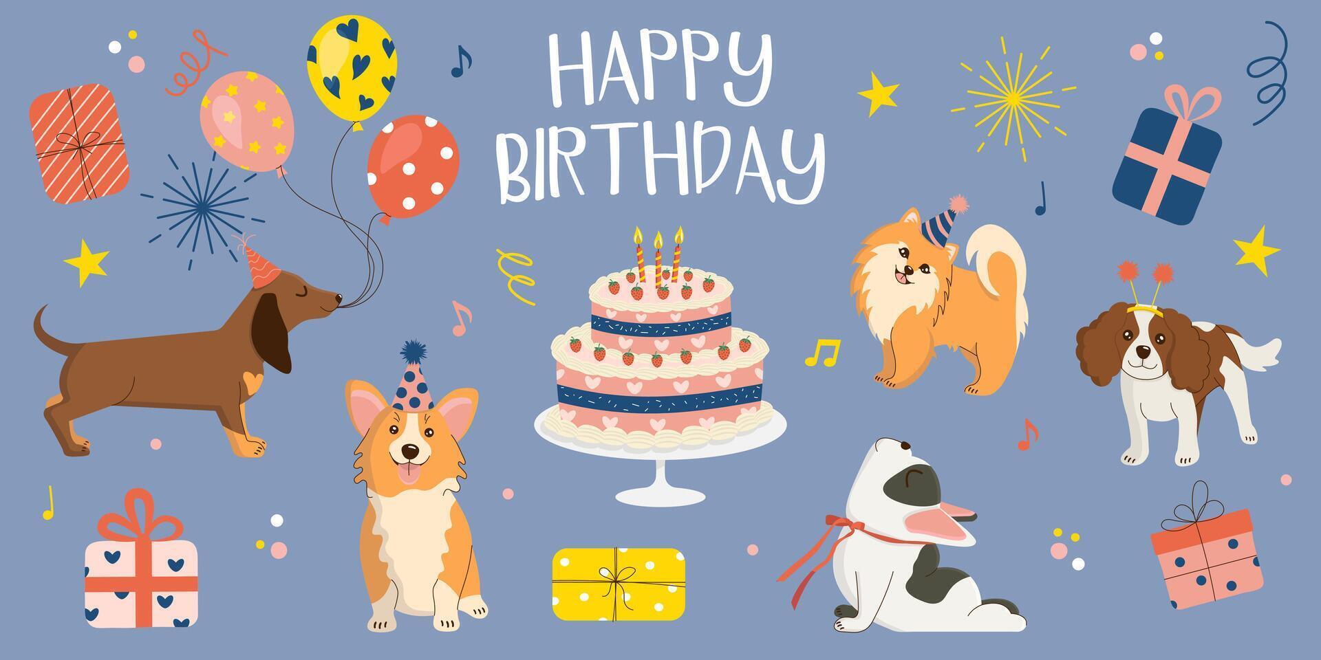 Festive set of birthday stickers in retro 90s style. Cute cheerful hand-drawn dogs in hats with cake, presents and balloons. Bright template for invitations, greeting cards, posters and more. vector