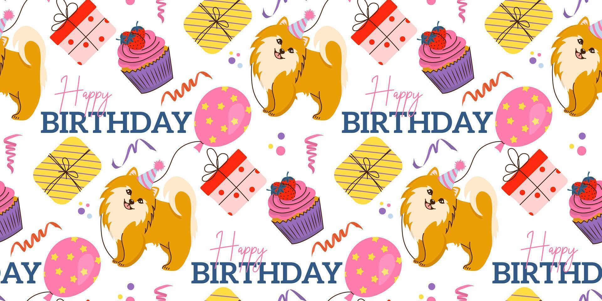 Happy Birthday seamless pattern in hand-drawn style with doggy Pomeranian Spitz, gift, ballon and cupcake. background texture for cover, wrapping paper, package, invitation, greeting card. vector