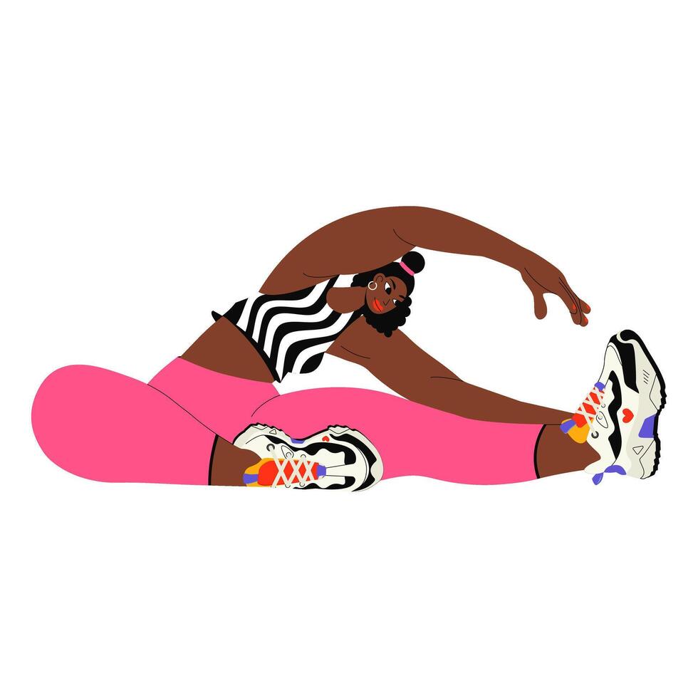 Retro cartoon character fitness active woman in sportswear dumbbell training. flat illustration in groovy style isolated on a transparent background. 80s nostalgia. Active lifestyle concept. vector
