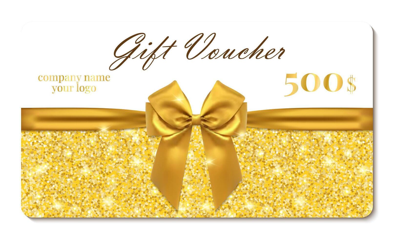 Blank Gift card with luxury decorative satin gold ribbon, bow, sparkles and text isolated on white background. Realistic template for gift voucher, card, certificate, coupon. vector