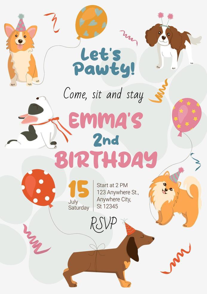 Birthday Pawty Invitation template with cute dogs. Hand-drawn Cavalier king charles spanielin, Corgi, Pomeranian Spitz, French Bulldog and Dachshund with balloons. illustration for party, event vector