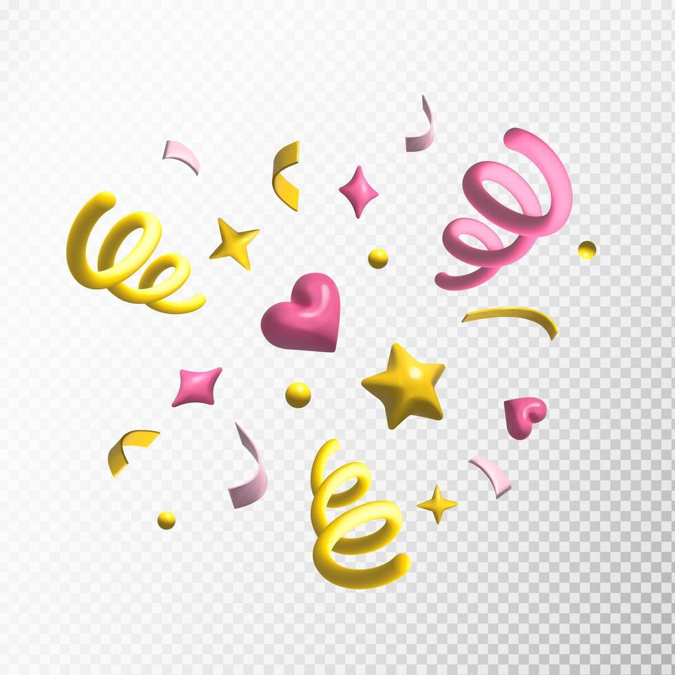3D rendering of colourful confetti. Plastic star, heart, circle, ribbon isolated on transparent background. Festive template for party, event, celebration, holiday, gift, birthday invitation. vector
