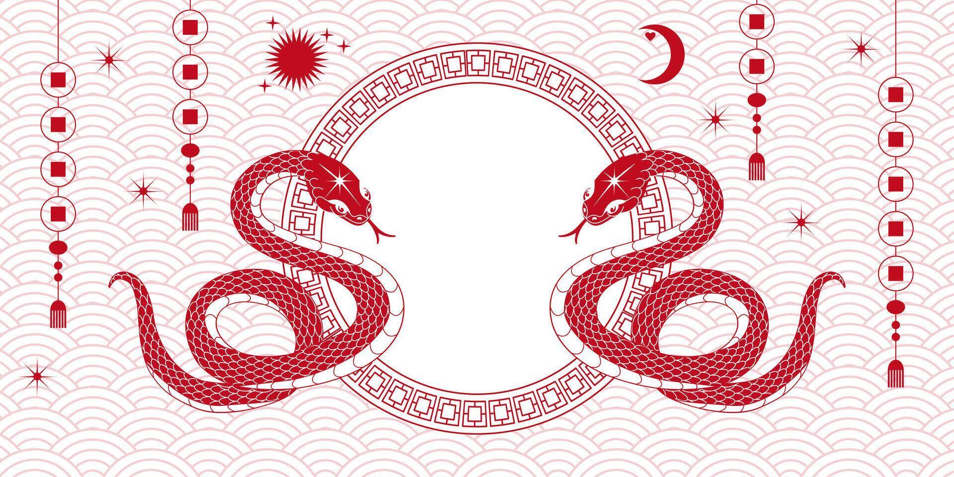 Happy chinese new year of the snake 2025 banner template with space for text. Festive illustration for banner, poster with snake, lantern, sun, moon, stars, asian elements in red, white colors. vector