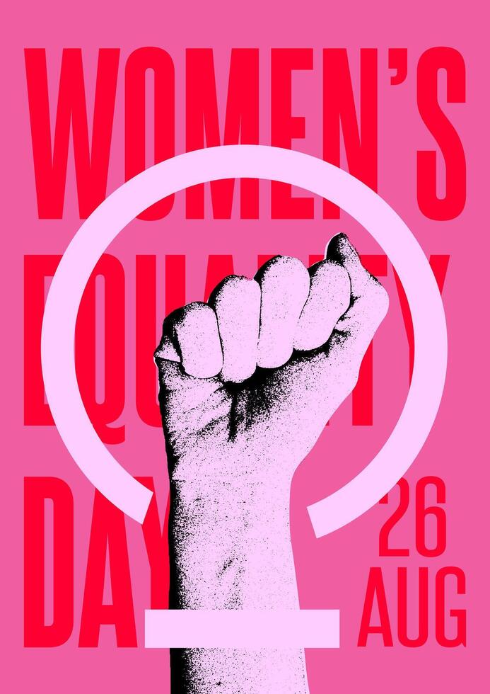 National Womens Equality Day collage ofvenus sign, raised up fist symbol and text inscription. 26 August. Photocopy, stipplism effect. illustration for banner, postcard, poster, leaflet with. vector