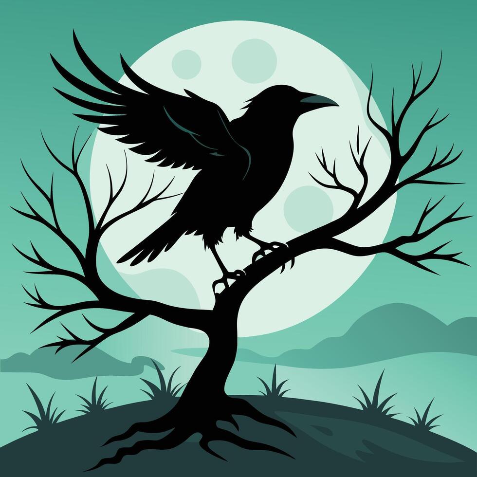 Black crow stand on tree vector